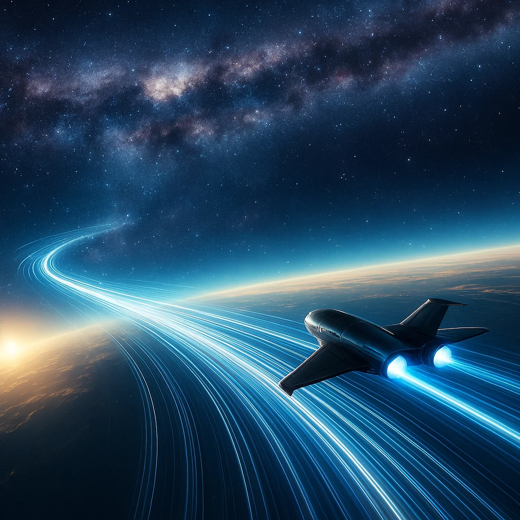 宇宙を飛ぶ宇宙船と光の軌道