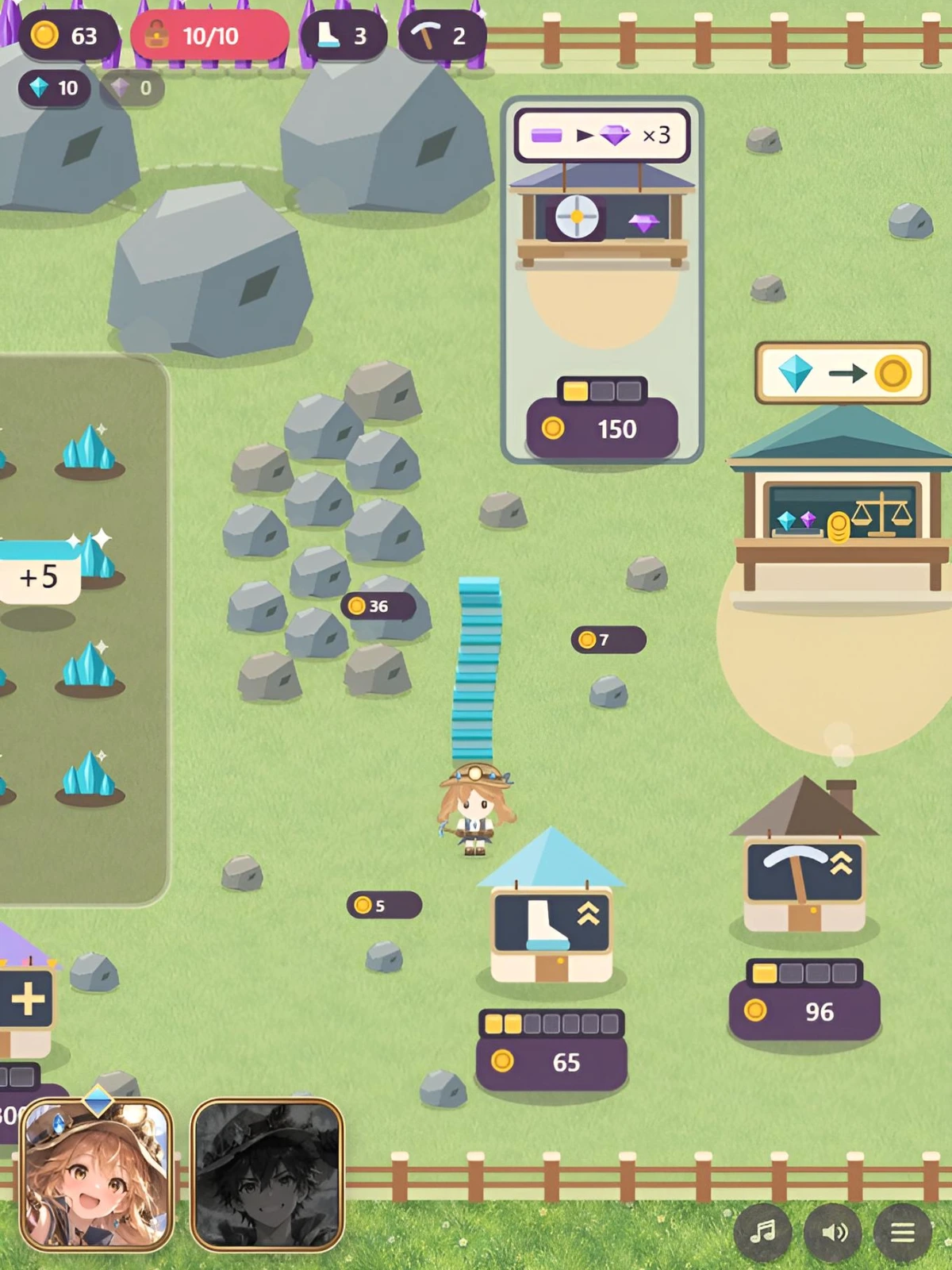 宝石を背中に積んで運ぶJewel Bloomのゲーム画面。採掘場や研磨機、換金所が並ぶ街