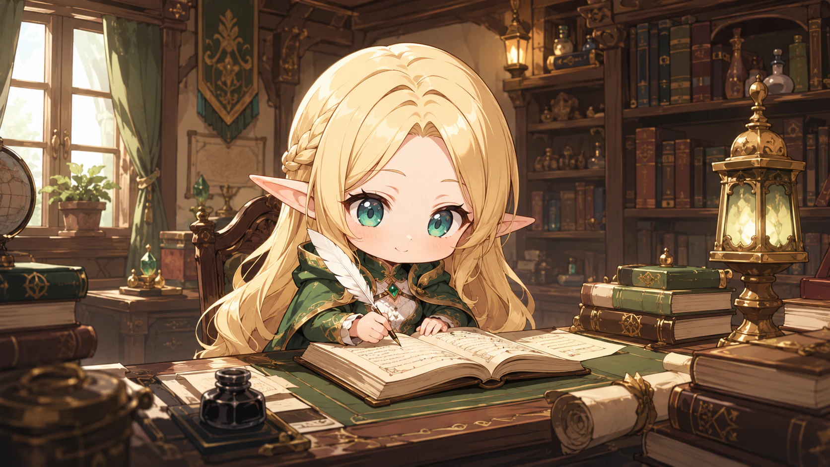 書斎で羽根ペンを手に物語を執筆するエルフ