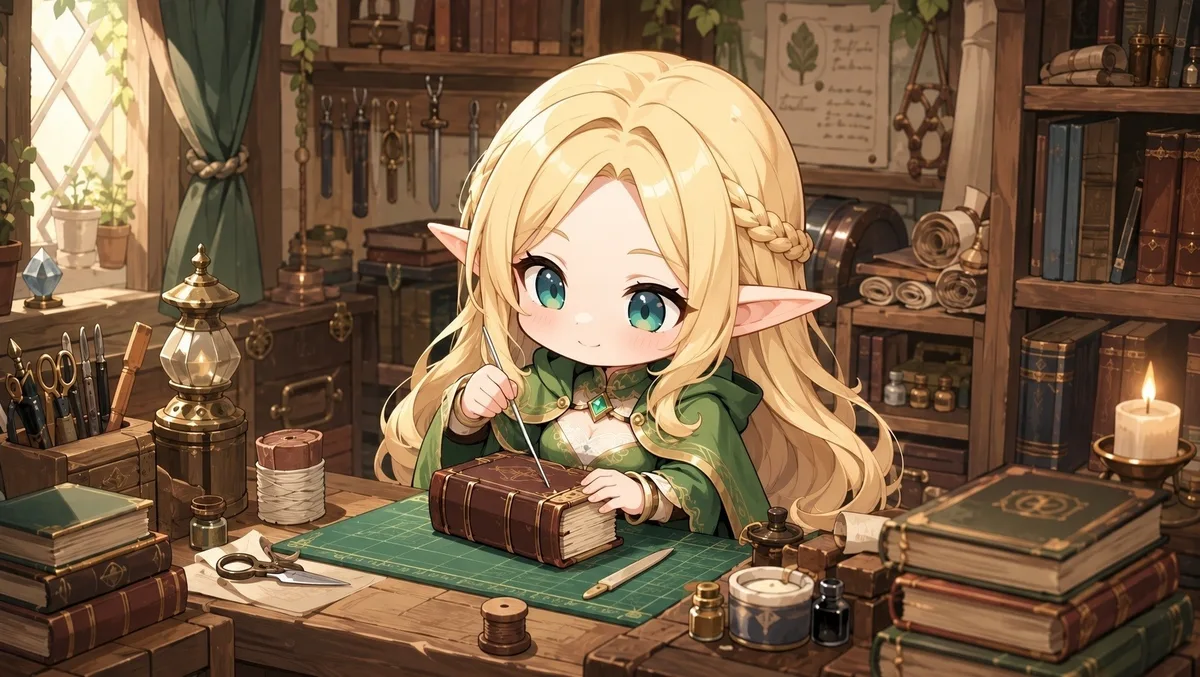 工房で本を製本するエルフ
